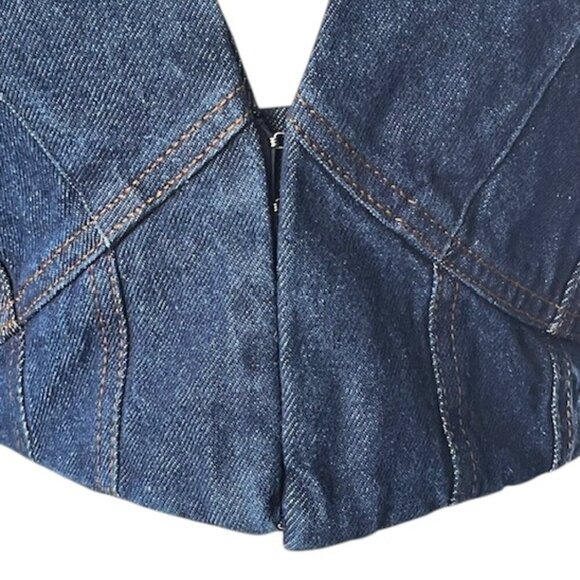 Zara Dark Wash Denim Cropped Mixed Media Halter Corset Top Hook Eye Closure Lrg - Picture 5 of 16